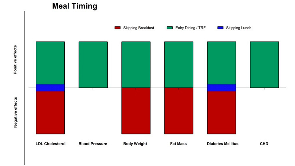 Γράφημα που παρουσιάζει τις θετικές και αρνητικές επιπτώσεις του χρονισμού των γευμάτων στην LDL χοληστερόλη, την αρτηριακή πίεση, το σωματικό βάρος, τον έλεγχο της γλυκόζης και τον κίνδυνο καρδιοπάθειας.